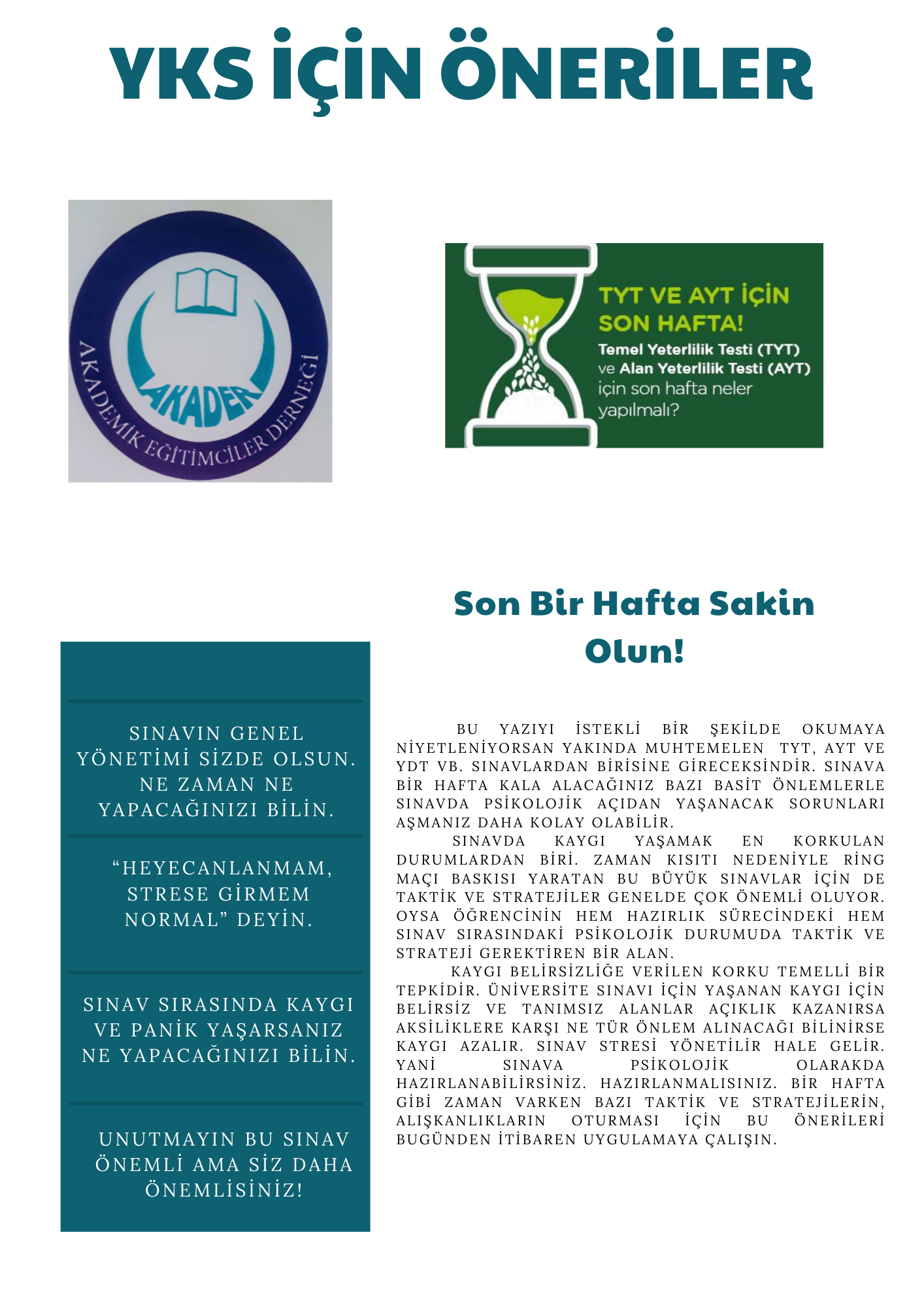 AKADER’den, sınava girecek öğrencilere “YKS İçin Öneriler” Rehberi