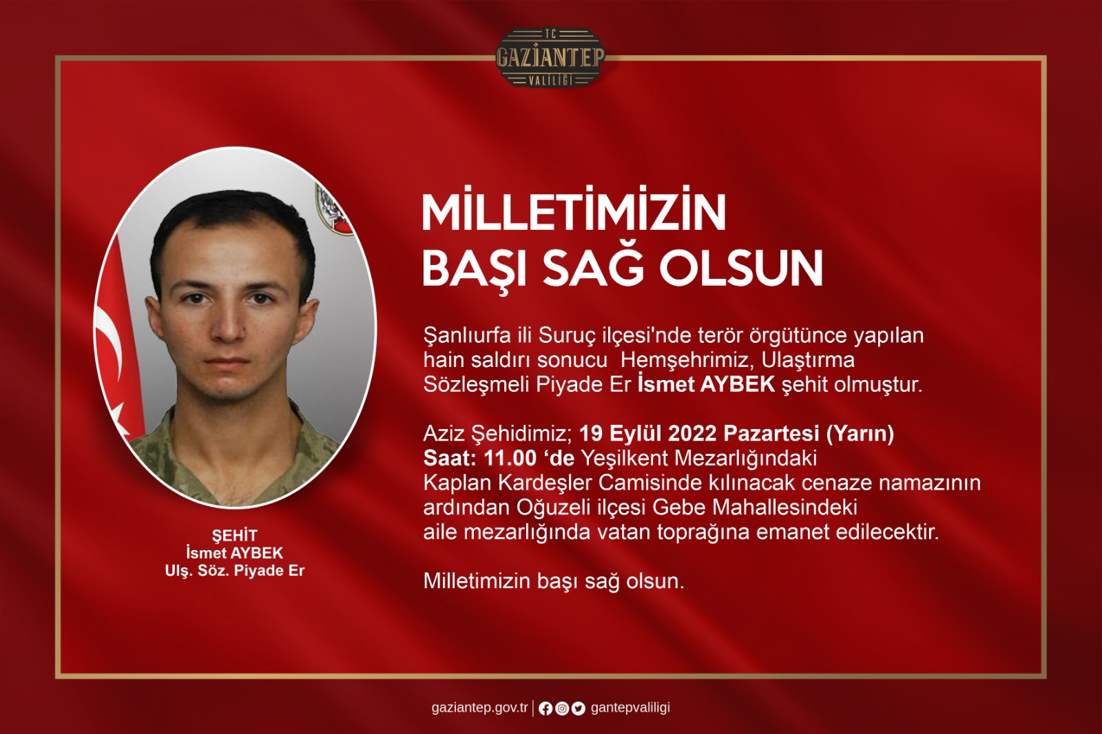 Gaziantep’li Şehit’in cenaze programı belli oldu