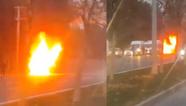 Gaziantep Başpınar yolunda seyir halindeki işçi servisi aniden alev aldı,