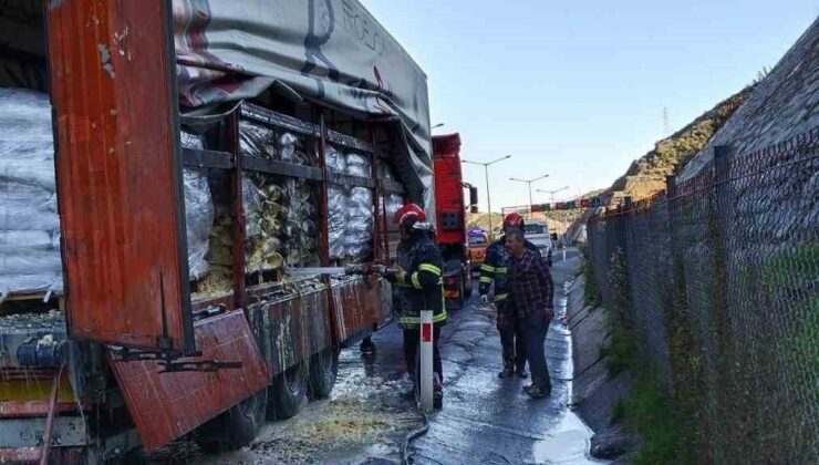 Seyir halindeki soya yüklü tırda yangın çıktı