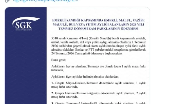 Emekli maaşlarında zam farkının yatacağı tarih belli oldu