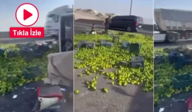 Gaziantep’te kamyon devrildi! Mandalinalar yola saçıldı.