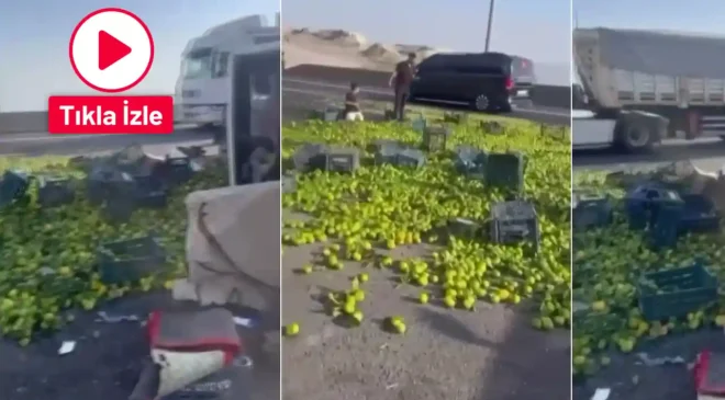 Gaziantep’te kamyon devrildi! Mandalinalar yola saçıldı.